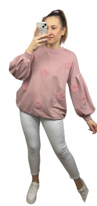 Bluza dresowa szerokie rękawy kwiatki kwiaty okrągły dekolt luźna The Fancy