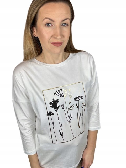 Bluzka rękaw 3/4 prosty fason luźna nadruk bawełniana wiosna M L XL XXL Bluzka rękaw 3/4 prosty fason luźna nadruk bawełniana wiosna M L XL XXL