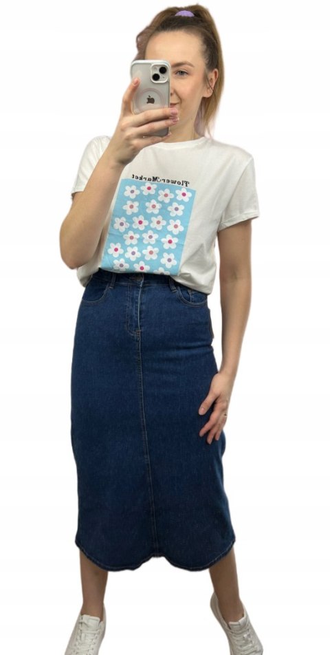 Spódnica jeansowa trapezowa midi dłuższa wysoki stan Mila Premium Jeans S Spódnica jeansowa trapezowa midi dłuższa wysoki stan Mila Premium Jeans S