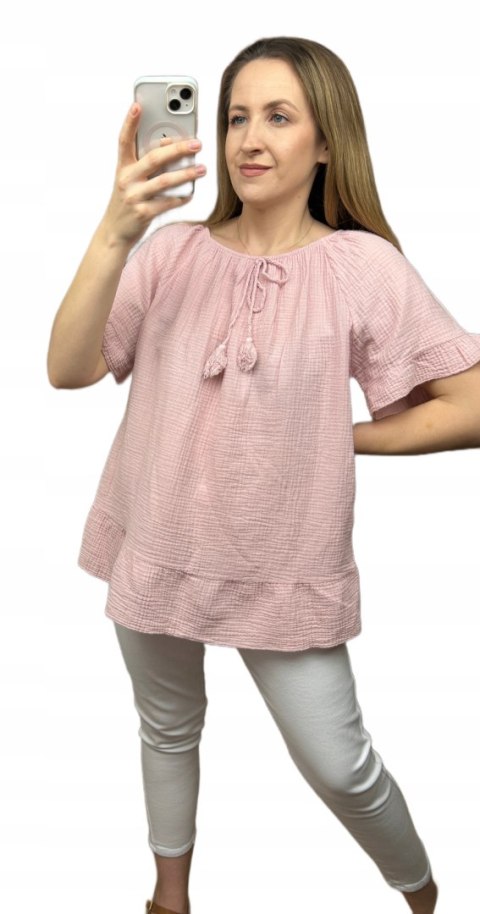 Muślinowa bluzka krótki rękaw hiszpanka muślin chwost luźna falbanka M L XL Muślinowa bluzka krótki rękaw hiszpanka muślin chwost luźna falbanka M L XL