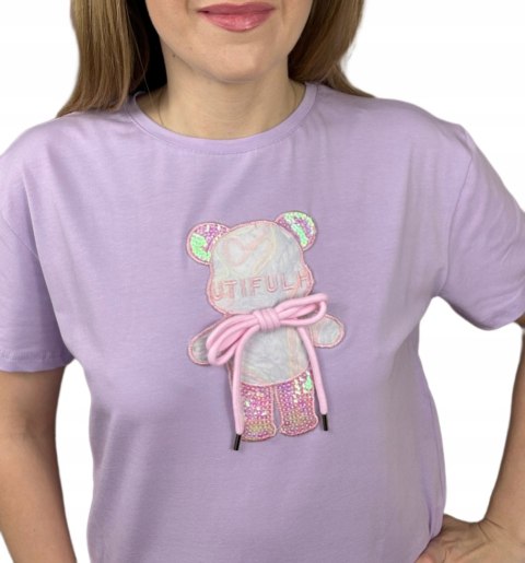 T-shirt koszulka bawełniana luźna kokardka bawełna miś cekiny Motion S M L T-shirt koszulka bawełniana luźna kokardka bawełna miś cekiny Motion S M L