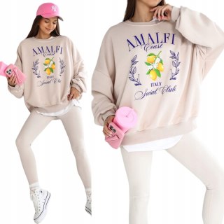Bawełniana bluza beżowa cytryny oversize luźna produkt polski Lara Fashion
