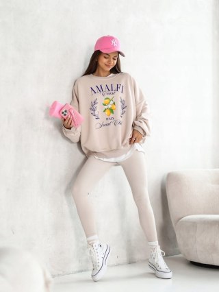 Bawełniana bluza beżowa cytryny oversize luźna produkt polski Lara Fashion