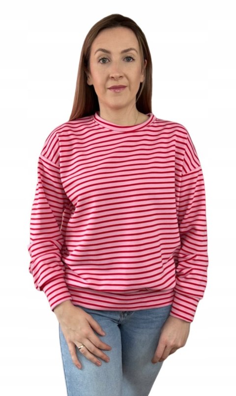Bawełniana różowa bluza paski oversize luźna marszczone rękawy Azara Bawełniana różowa bluza paski oversize luźna marszczone rękawy Azara
