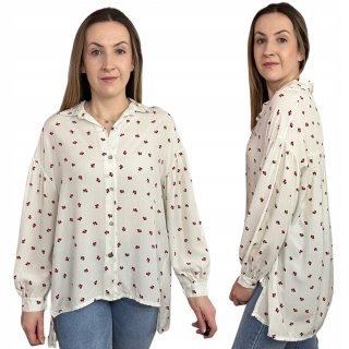 Luźna beżowa koszula oversize wiśnie wisienki 100% wiskoza kołnierzyk