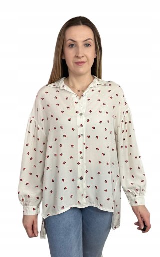 Luźna beżowa koszula oversize wiśnie wisienki 100% wiskoza kołnierzyk