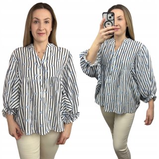 Luźna koszula muślinowa muślin paski kwiaty oversize rękawek 3/4