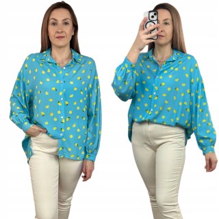 Luźna niebieska koszula oversize cytryny cytrynki 100% wiskoza kołnierzyk