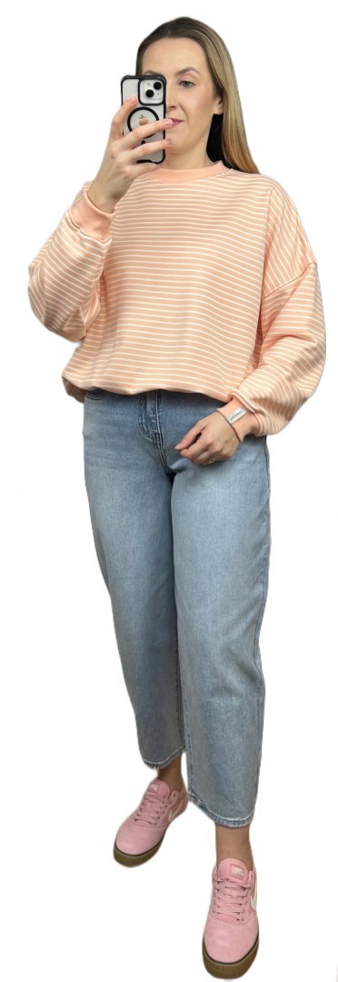 Luźna różowa bluza w paski oversize bawełniana polska produkcja Lenoshka Luźna różowa bluza w paski oversize bawełniana polska produkcja Lenoshka