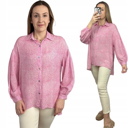 Luźna różowa koszula oversize cętki panterka 100% wiskoza kołnierzyk