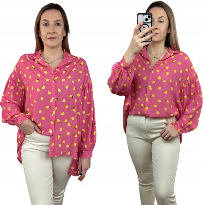 Luźna różowa koszula oversize cytryny cytrynki 100% wiskoza kołnierzyk