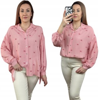 Luźna różowa koszula oversize w kokardki paski100% wiskoza kołnierzyk