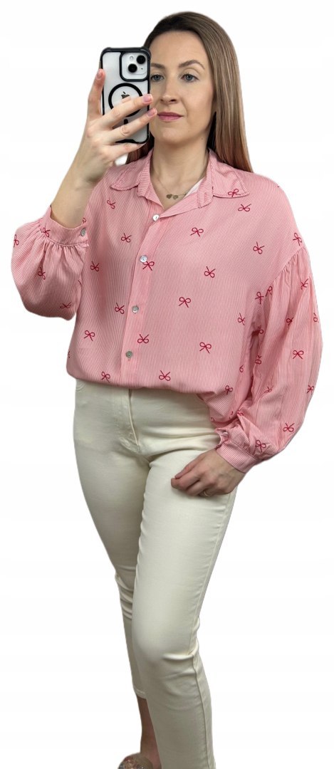 Luźna różowa koszula oversize w kokardki paski100% wiskoza kołnierzyk Luźna różowa koszula oversize w kokardki paski100% wiskoza kołnierzyk