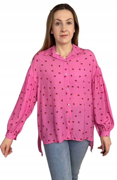 Luźna różowa koszula oversize wiśnie wisienki 100% wiskoza kołnierzyk Luźna różowa koszula oversize wiśnie wisienki 100% wiskoza kołnierzyk