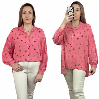Luźna różowa koszula oversize wiśnie wisienki 100% wiskoza kołnierzyk