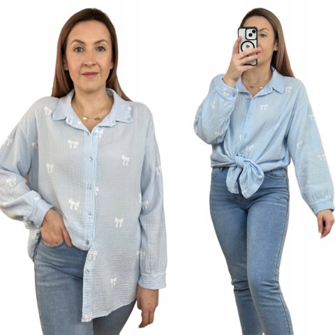 Niebieska koszula muślinowa w kokardki bawełniana bawełna luźna oversize Niebieska koszula muślinowa w kokardki bawełniana bawełna luźna oversize