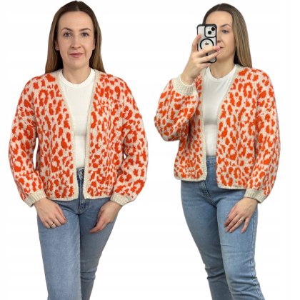Pomarańczowy sweter kardigan panterka pantera cętki szersze rękawy beżowy