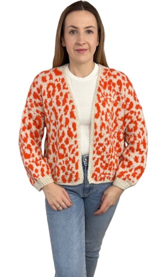 Pomarańczowy sweter kardigan panterka pantera cętki szersze rękawy beżowy