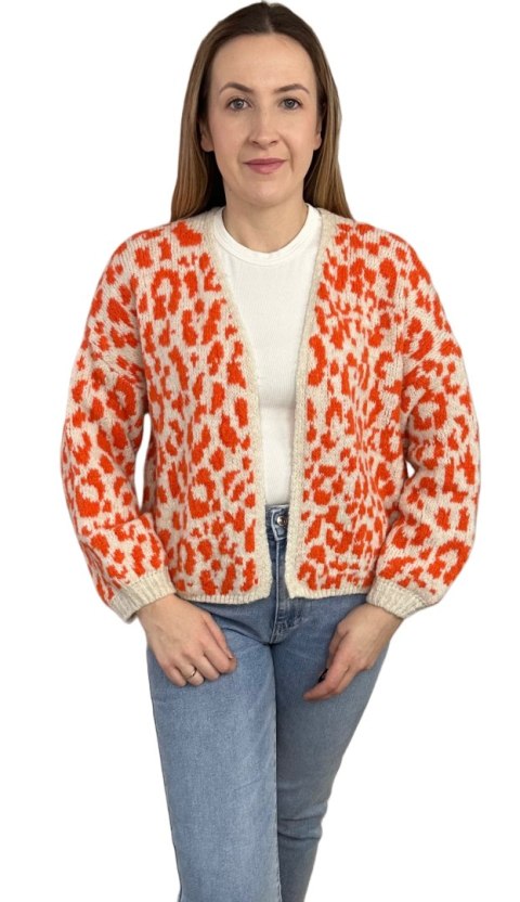 Pomarańczowy sweter kardigan panterka pantera cętki szersze rękawy beżowy Pomarańczowy sweter kardigan panterka pantera cętki szersze rękawy beżowy