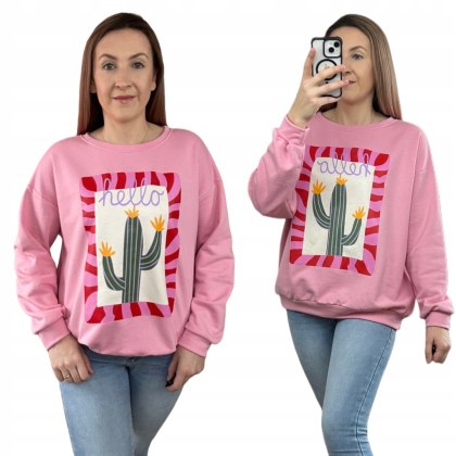 Różowa bluza bawełniana oversize luźna hello kaktus nadruk print Azara