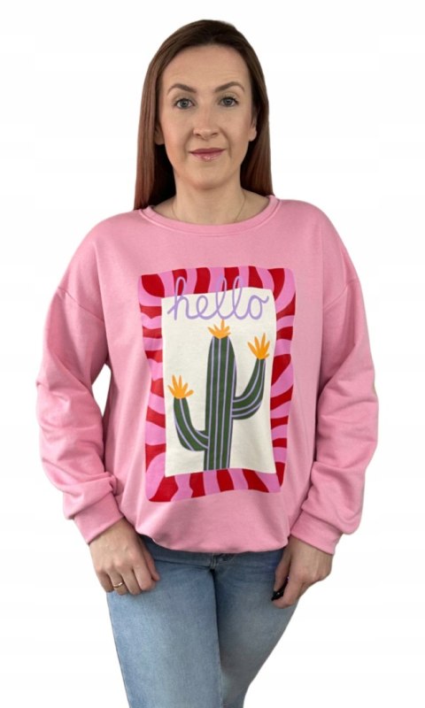 Różowa bluza bawełniana oversize luźna hello kaktus nadruk print Azara Różowa bluza bawełniana oversize luźna hello kaktus nadruk print Azara