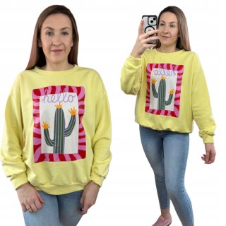 Żółta bluza bawełniana oversize luźna hello kaktus nadruk print Azara