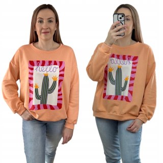 Brzoskwiniowa bluza bawełniana oversize luźna hello kaktus print Azara