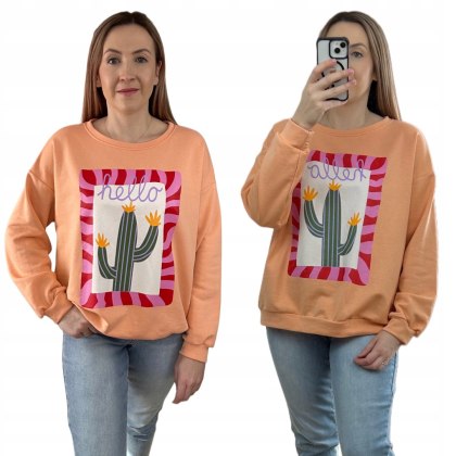 Brzoskwiniowa bluza bawełniana oversize luźna hello kaktus print Azara