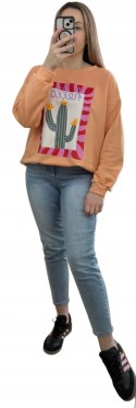 Brzoskwiniowa bluza bawełniana oversize luźna hello kaktus print Azara