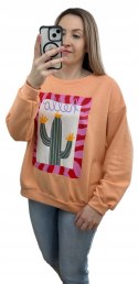 Brzoskwiniowa bluza bawełniana oversize luźna hello kaktus print Azara