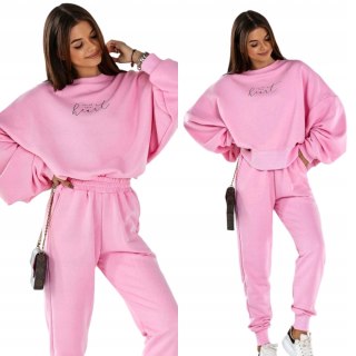 Komplet dresowy różowy oversize luźna bluza dres bawełna Lara Fashion S/M