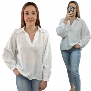Luźna biała koszula muślinowa bufiaste haftowane rękawy kołnierzyk dekolt V