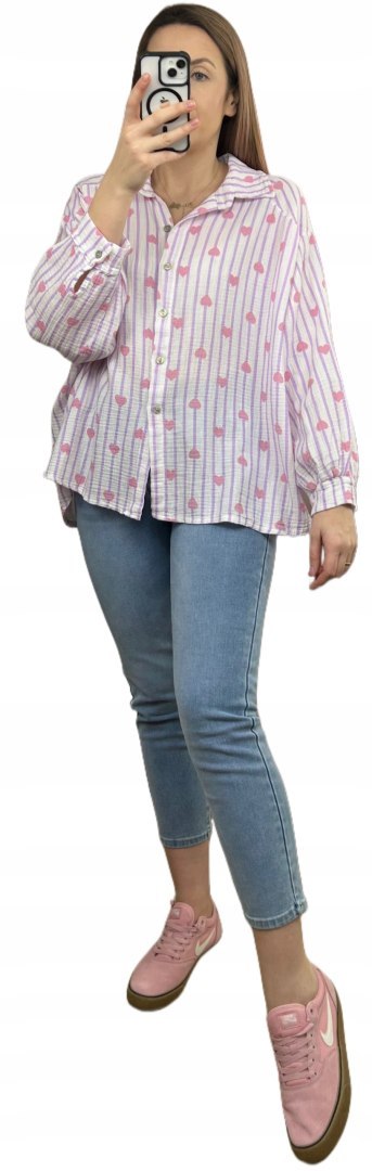 Luźna koszula muślinowa w paski serduszka serca oversize muślin bawełna Luźna koszula muślinowa w paski serduszka serca oversize muślin bawełna
