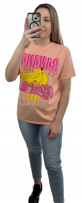 Luźny brzoskwiniowy bawełniany bawełna t-shirt koszulka print banany Azara
