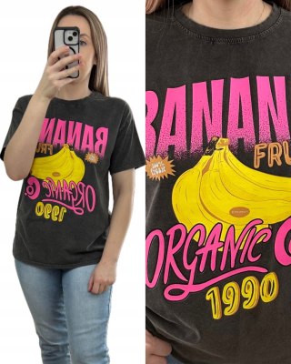 Luźny czarny bawełniany bawełna t-shirt koszulka print banany Azara