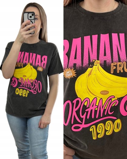 Luźny czarny bawełniany bawełna t-shirt koszulka print banany Azara