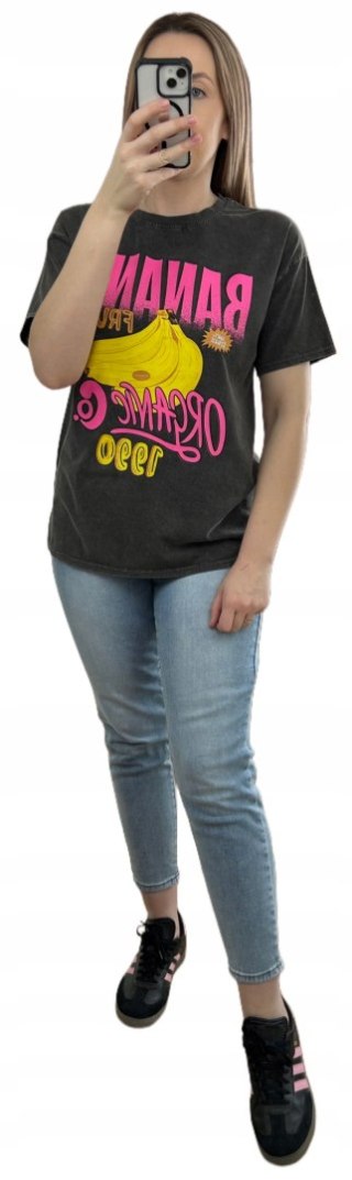 Luźny czarny bawełniany bawełna t-shirt koszulka print banany Azara