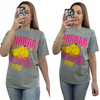 Luźny szary bawełniany bawełna t-shirt koszulka print banany Azara