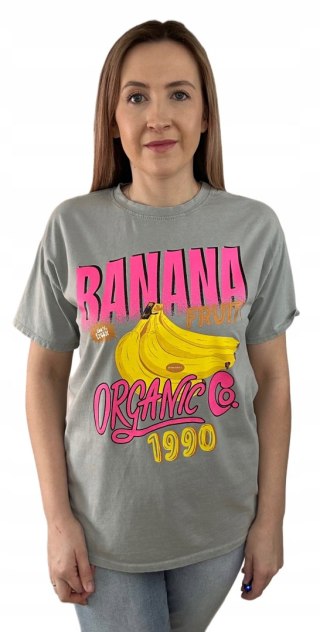 Luźny szary bawełniany bawełna t-shirt koszulka print banany Azara