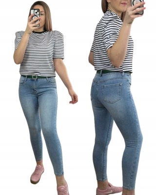 Spodnie skinny jeansy jeans damskie rurki niebieskie dopasowane pasek XS