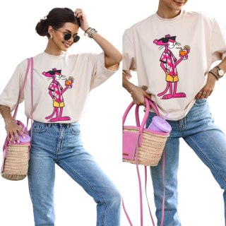 T-shirt beż beżowy różowa pantera bawełniany produkt polski Lara Fashion