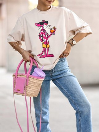 T-shirt beż beżowy różowa pantera bawełniany produkt polski Lara Fashion