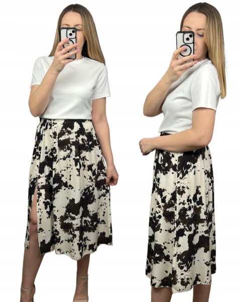 Dłuższa midi spódnica z rozcięciem wiskoza wiskozowa cow print krowie łaty Dłuższa midi spódnica z rozcięciem wiskoza wiskozowa cow print krowie łaty