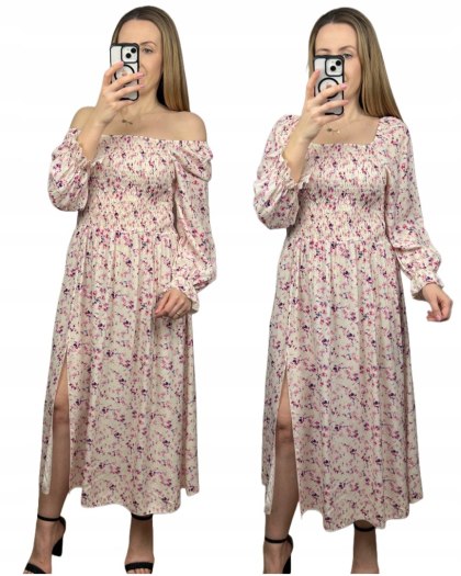 Sukienka maxi ecru długa 100% wiskoza w kwiaty rękawy hiszpanka rozcięcie