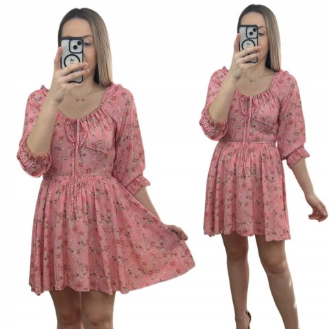 Sukienka rozkloszowana 100% wiskoza rękawek hiszpanka w kwiaty różowa Sukienka rozkloszowana 100% wiskoza rękawek hiszpanka w kwiaty różowa
