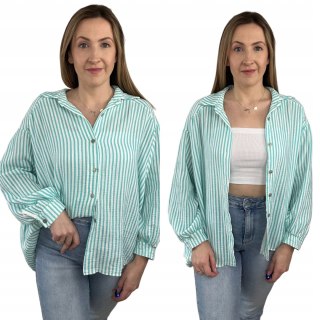Luźna koszula muślinowa w paski oversize muślin bawełna miętowa biała