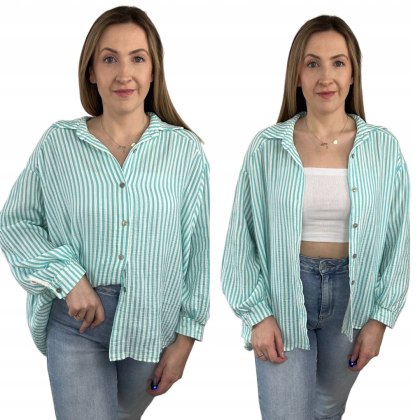 Luźna koszula muślinowa w paski oversize muślin bawełna miętowa biała