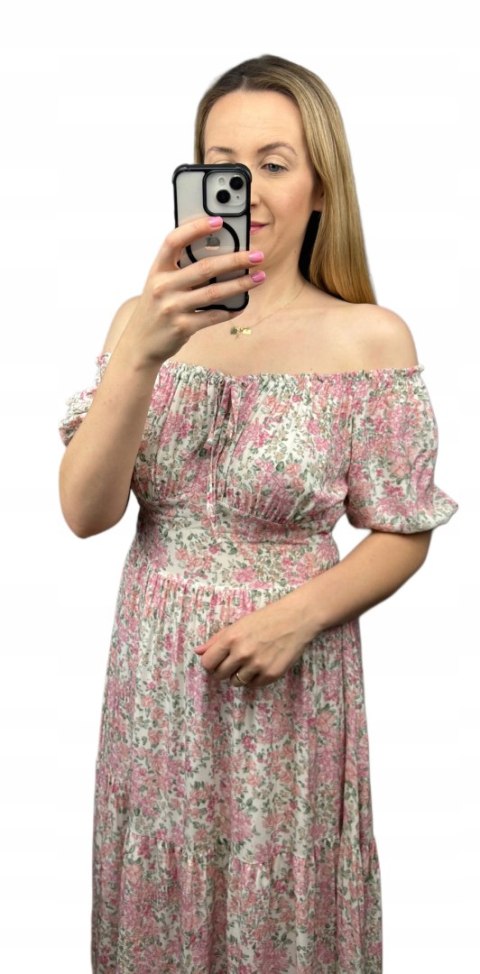 Sukienka hiszpanka w kwiaty asymetryczna midi dłuższa różowa jasny beż Sukienka hiszpanka w kwiaty asymetryczna midi dłuższa różowa jasny beż