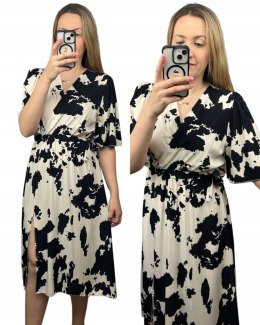 Sukienka midi kopertowy dekolt cow print rozcięcie wiskoza czarna jasny beż