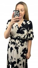 Sukienka midi kopertowy dekolt cow print rozcięcie wiskoza czarna jasny beż